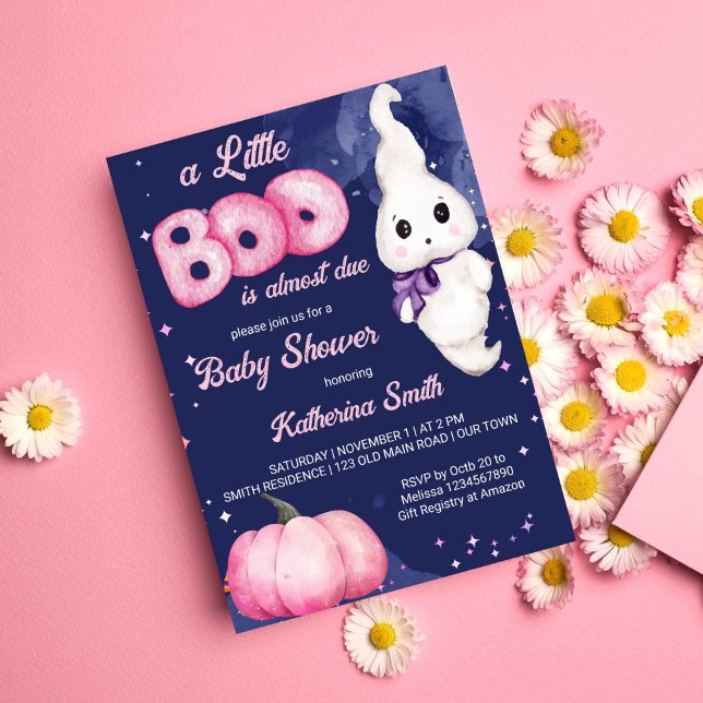 Little boo Halloween baby girl ghost baby shower Invitation (Little boo baby girl Halloween themed baby shower cute baby ghost pink pumpkin navy blue starry )