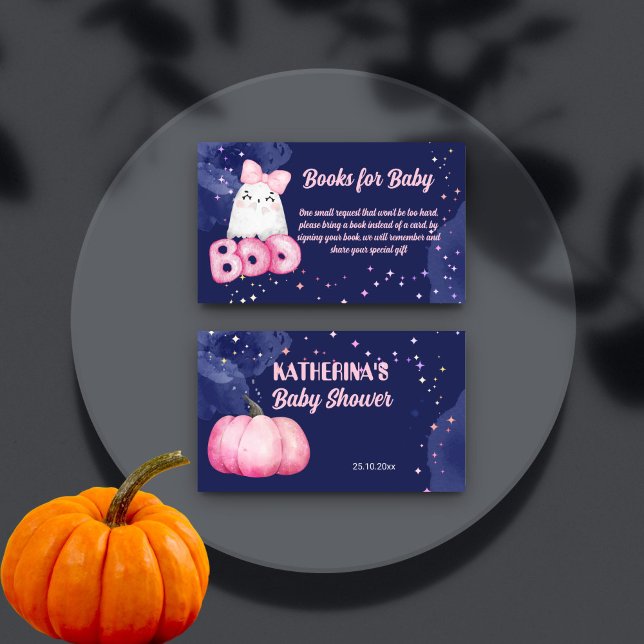 Little boo Halloween baby shower books for baby Enclosure Card (Little boo Halloween baby shower books for baby card cute pink baby ghost starry night background)