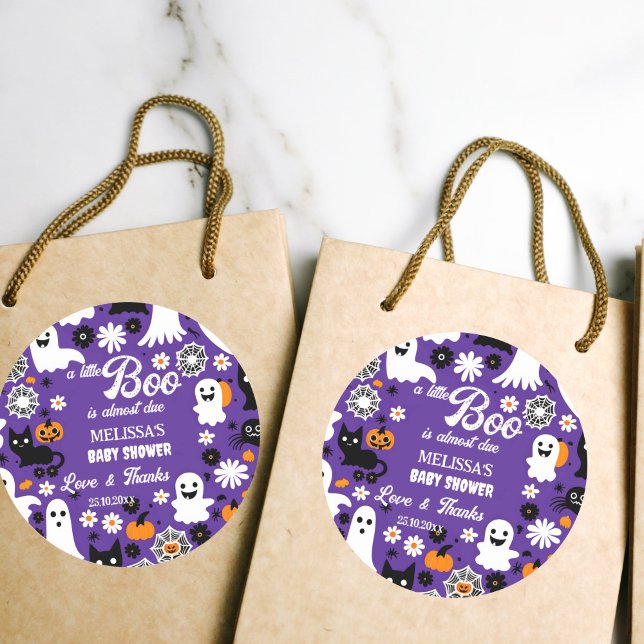 Little boo Halloween baby shower thank you favour Classic Round Sticker (Little boo groovy retro baby shower thank you favor stickers cute ghosts daisies purple pumpkins)