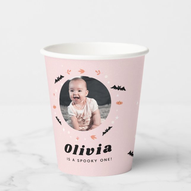 Little Boo Halloween Birthday photo pink  Paper Cups (Front)