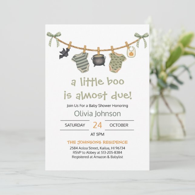 Little Boo Halloween Clothes Baby Shower Invitation (Standing Front)