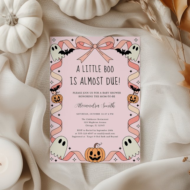 Little Boo Halloween Coquette Ribbon Baby Shower Invitation (Little Boo Halloween Coquette Ribbon Baby Shower – Spooky Cute Ghost & Pink Bow Girl Show)