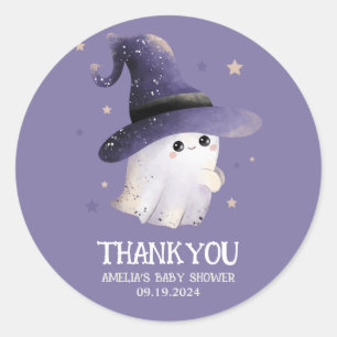 Little Boo Halloween ghost purple baby shower Classic Round Sticker