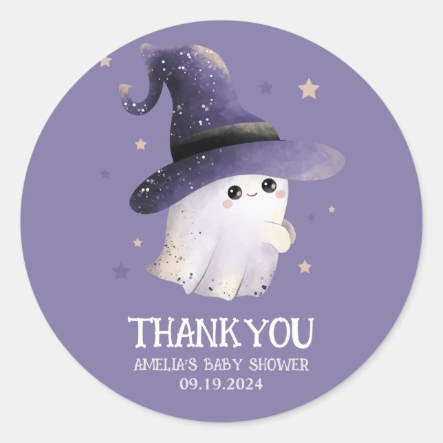 Little Boo Halloween ghost purple baby shower  Classic Round Sticker (Front)