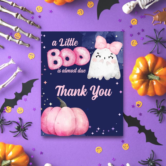 Little boo Halloween girl baby shower thank you (Halloween baby shower thank you card, cute pink baby ghost pink pumpkin starry night blue thank you )
