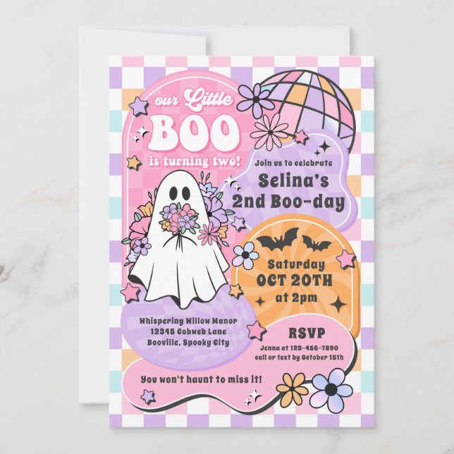 Little Boo Halloween Groovy Ghost 2nd Birthday Invitation (Front)