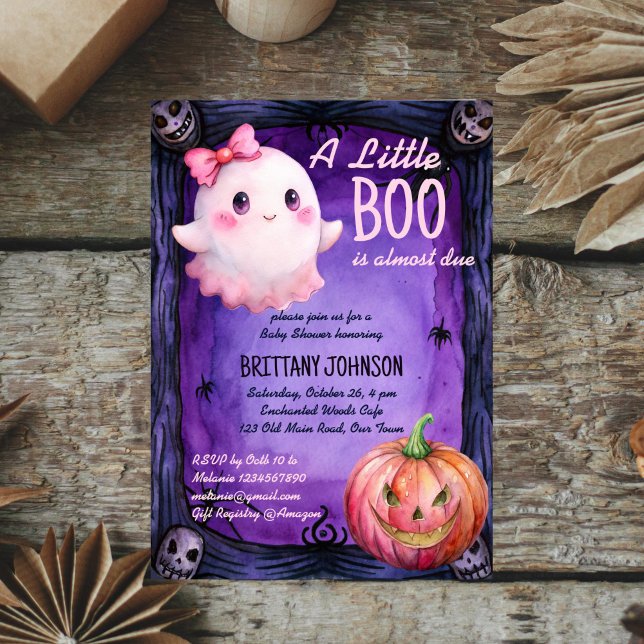 Little boo Halloween pink cute ghost baby shower Invitation (Little boo Halloween pink cute bow ghost baby shower Invitation template instant download)