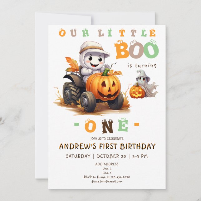 Little Boo Halloween Tractor Any Age 1st Birthday Invitation (Front)