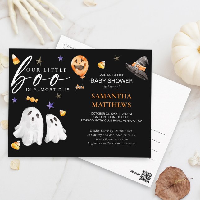 Little Boo Halloween Watercolor Baby Shower Black Postcard (Join us for a whimsically spooky celebration! Our little 'Boo' is on the way baby shower invite.)