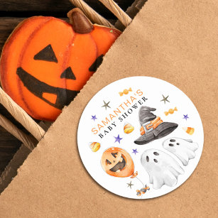 Little Boo Halloween Watercolor Baby Shower Classic Round Sticker