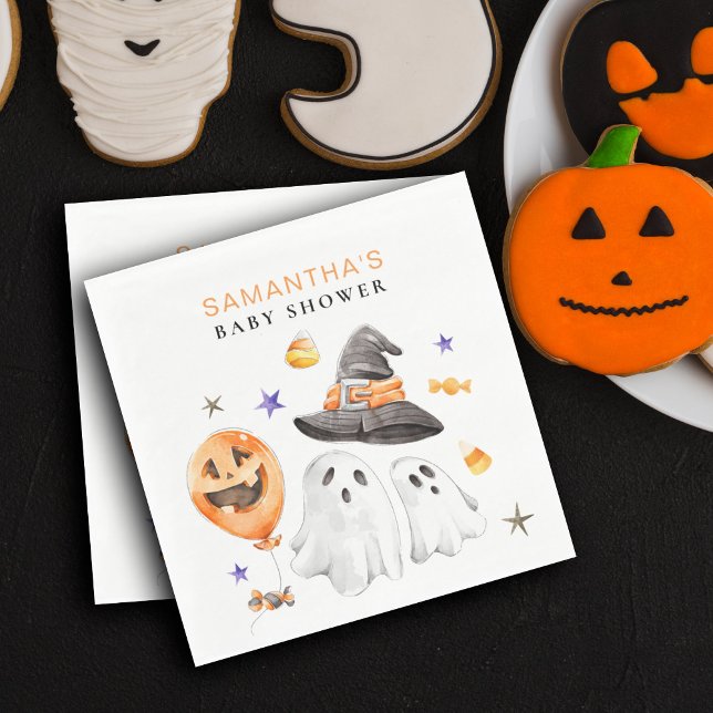 Little Boo Halloween Watercolor Baby Shower Napkin (Halloween inspired baby shower napkins are a perfect way to decorate tables for your little boo.)