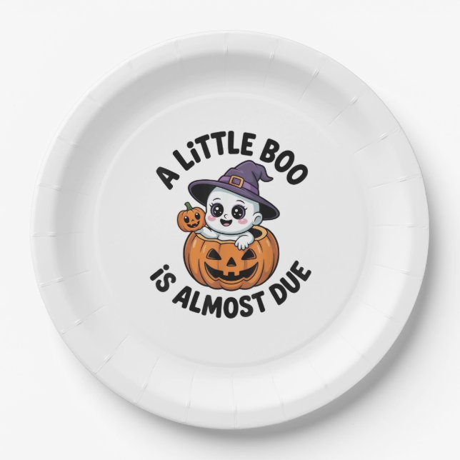 Little Boo Is Almost Due Cute Halloween Pregnancy  Paper Plate (Front)