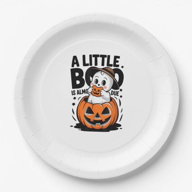 Little Boo Is Almost Due Cute Halloween Pregnancy  Paper Plate (Front)