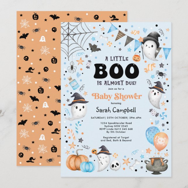 Little Boo is Almost Due Halloween Baby Shower Boy Invitation (Front/Back)