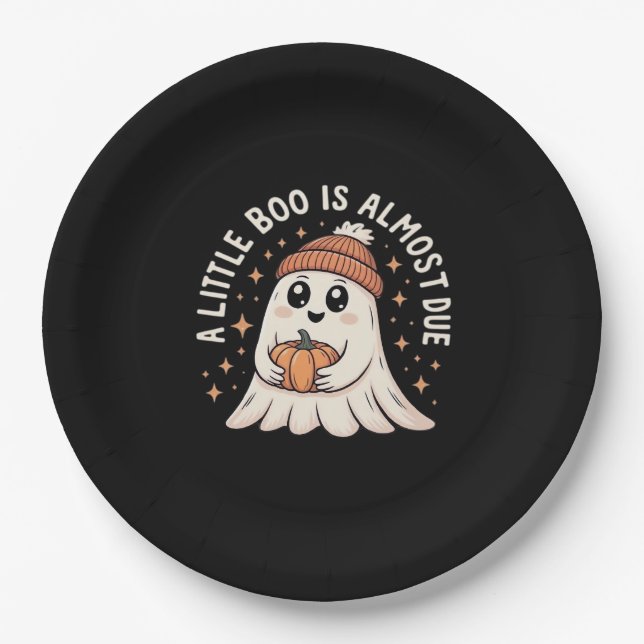 Little Boo Is Almost Due Halloween Pregnancy Revea Paper Plate (Front)