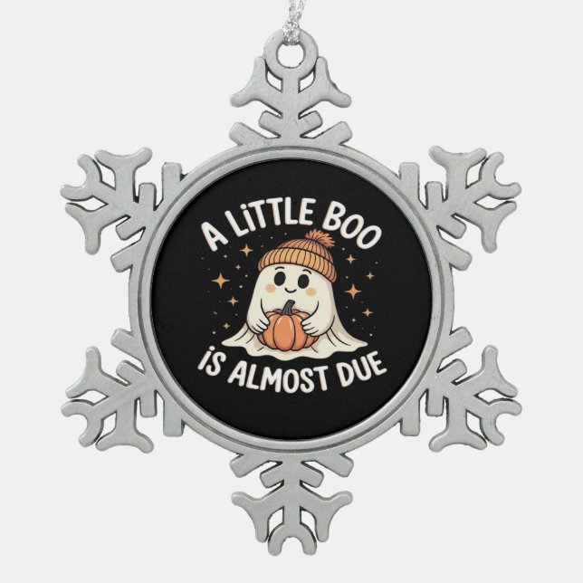 Little Boo Is Almost Due Halloween Pregnancy Revea Snowflake Pewter Christmas Ornament (Front)