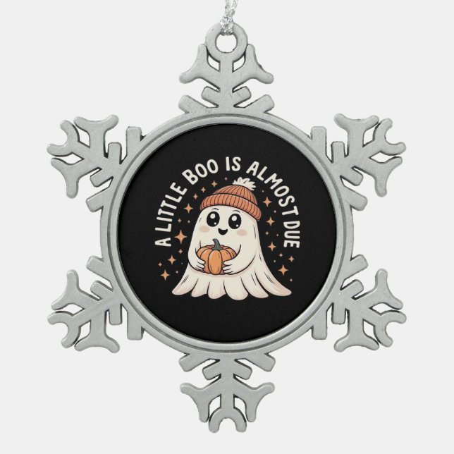 Little Boo Is Almost Due Halloween Pregnancy Revea Snowflake Pewter Christmas Ornament (Front)