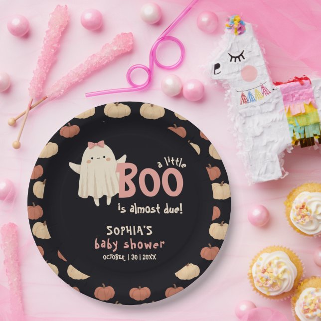 Little Boo Is Due Girl Halloween Baby Shower Paper Plate (Party)