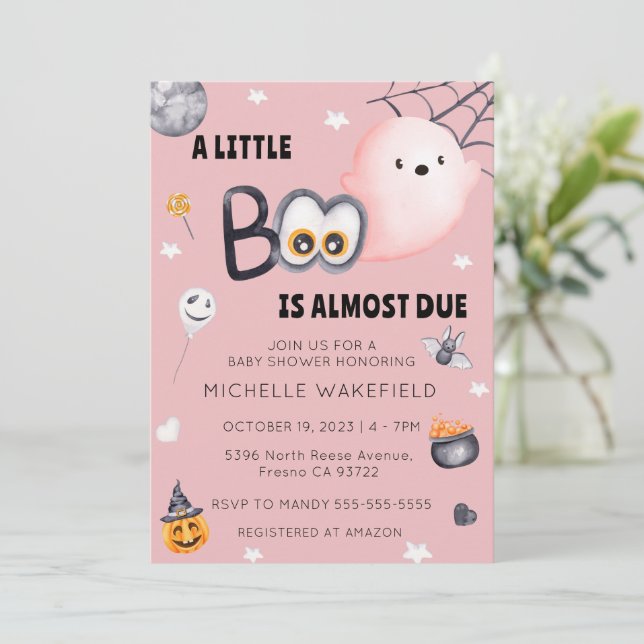 Little Boo Is Due Girl Pink Halloween Baby Shower Invitation (Standing Front)