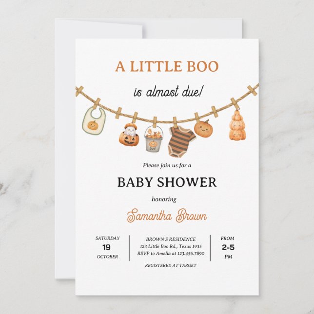 Little Boo is Due pumpkin Halloween Baby Shower  Invitation (Front)