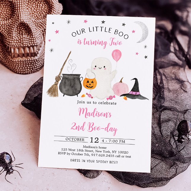 Little Boo Pink Ghost Halloween 2nd Birthday Invitation (Creator Uploaded)