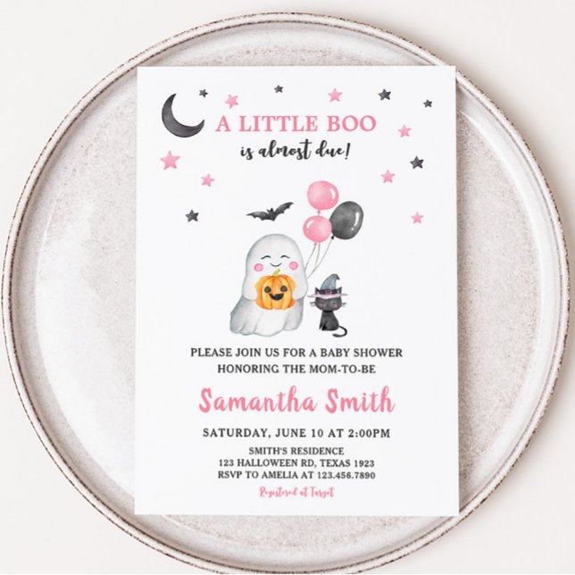 Little Boo Pink Ghost Halloween Baby Shower  Invitation (Cute Pink Ghost Baby Shower Invitation)