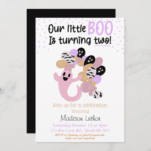 Little Boo Pink Girl Ghost Second Birthday  Invita Invitation (Front/Back)