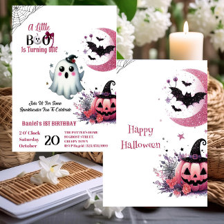 Little Boo Pink Jack Half Moon Ghost 1st Birthday Invitation