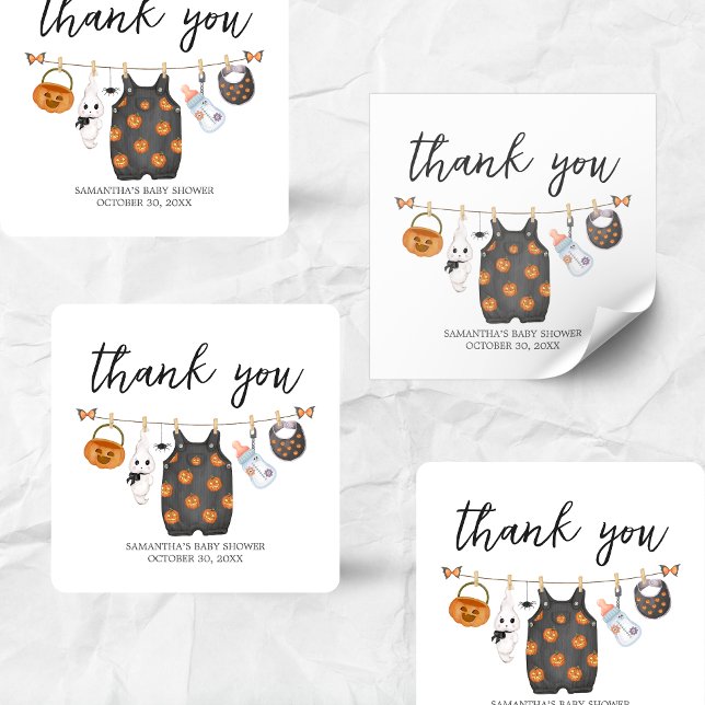 Little Boo Pumpkin Halloween Baby Shower Square Sticker (Little Boo Pumpkin Clothesline Halloween Baby Shower Sticker)