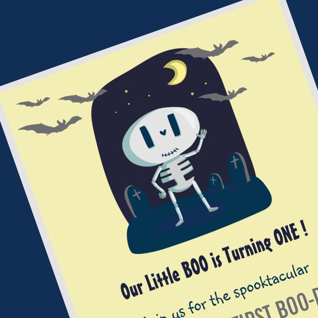Little boo Skull Cute Halloween 1st Birthday Invitation (Halloween-1st-Birthday-Invitation-Little boo-Yellow-skull-Cute-1)