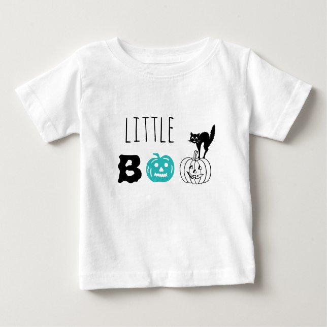 Little Boo teal pumpkin black cat custom Halloween Baby T-Shirt (Front)