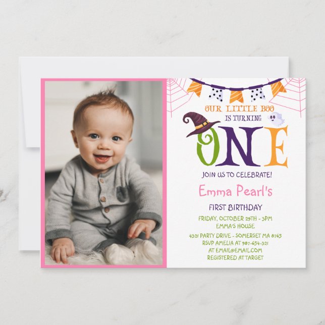 Little Boo Turning One, Halloween Photo Birthday Invitation (Front)