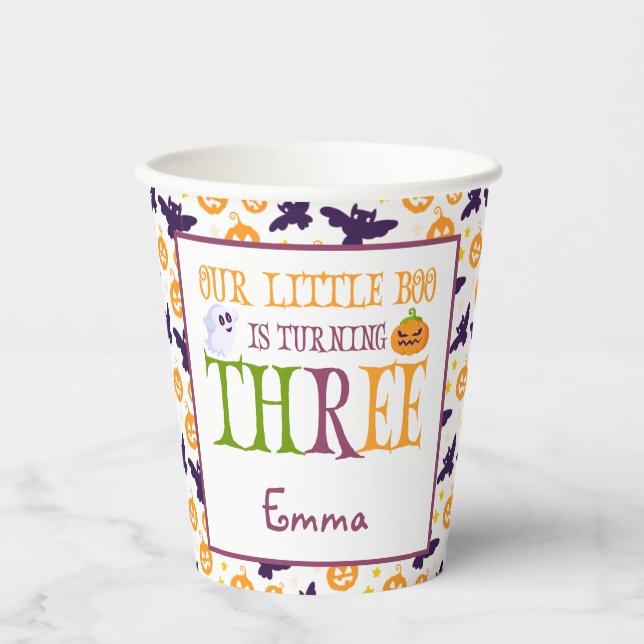 Little Boo Turning three Halloween 3rd Birthday Paper Cups (Front)