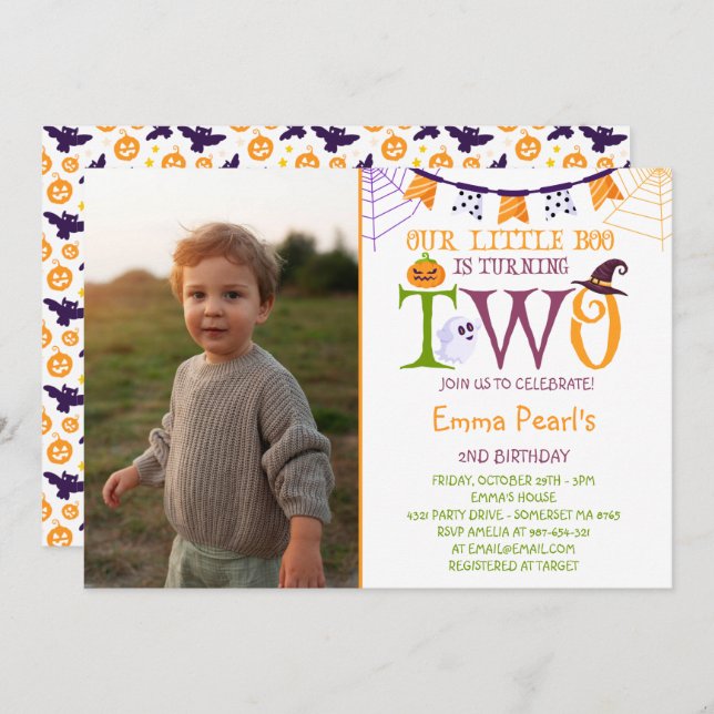 Little Boo Turning Two | Boo Second Birthday Photo Invitation (Front/Back)