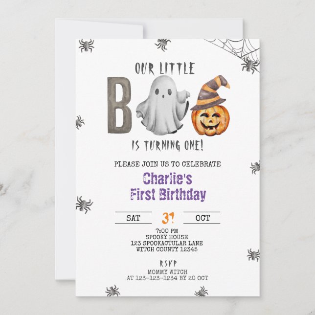 Little Boo Turns One, Halloween Birthday, Boy Girl Invitation (Front)