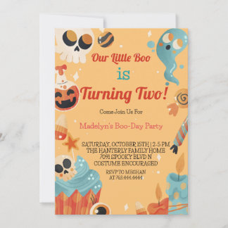 Little Boo Two Girl Or Boy Halloween 2nd Birthday  Invitation