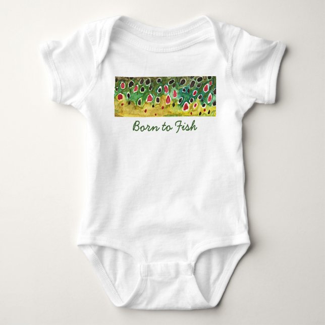 Little "Born to Fish" Brown Trout Fly Fisherman Baby Bodysuit (Front)