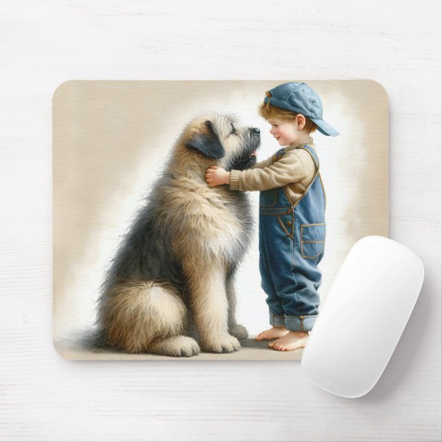 Little Boy And His Big Dog Watercolor Mouse Pad (With Mouse)