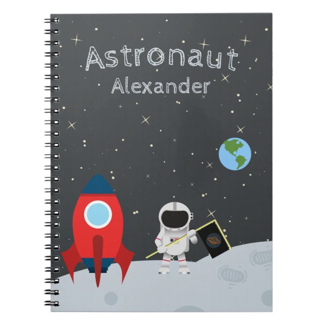  Little Boy Astronaut on Moon, First Name Space Notebook (Front)