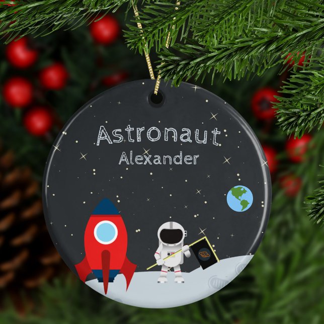 Little Boy Astronaut on Moon, Name Space Christmas Ceramic Ornament (Creator Uploaded)