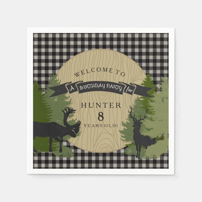 Little Boy Birthday Grey Black Deer Antlers Moose Napkin (Front)