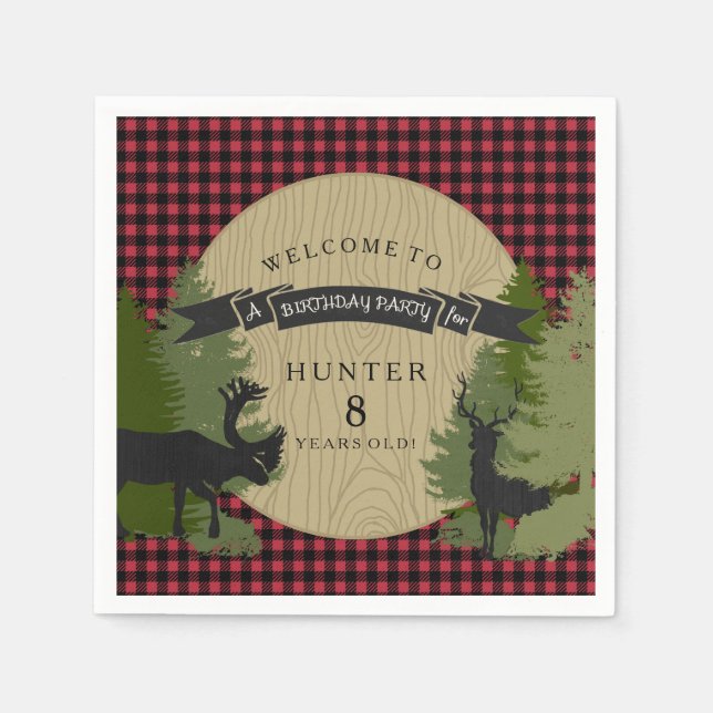 Little Boy Birthday Picnic Deer Antlers Moose Tree Napkin (Front)