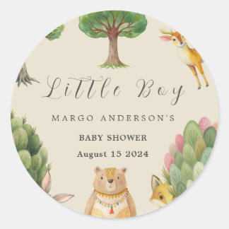 Little Boy Boho Woodland Animals Baby Shower Classic Round Sticker