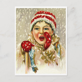 Little boy calling his friends at snow, vintage postcard