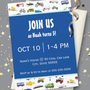 Little Boy Cars Vehicle Pattern Kid Birthday Party Invitation