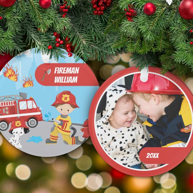 Little Boy Cartoon Fireman w Name Photo Christmas Ornament (Creator Uploaded)