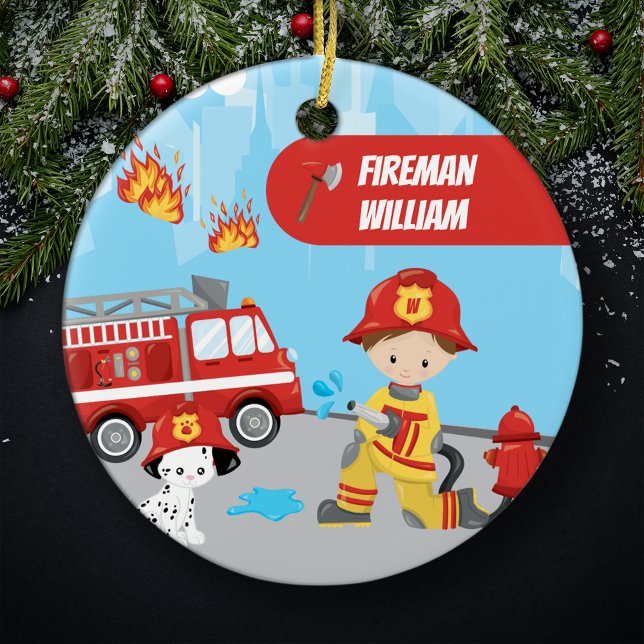 Little Boy Cartoon Fireman with Name Christmas Ceramic Ornament (Creator Uploaded)