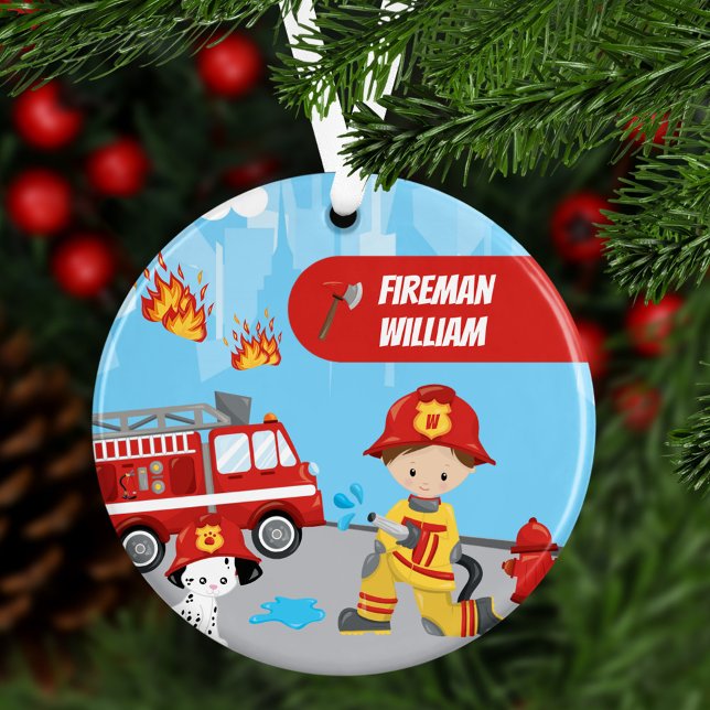 Little Boy Cartoon Fireman with Name Christmas Ornament (Creator Uploaded)