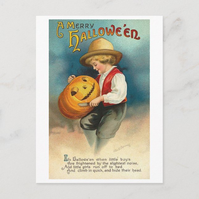 Little Boy Carving Pumpkin Postcard (Front)