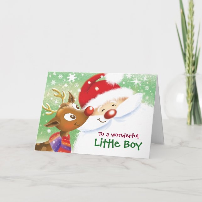 Little Boy, Christmas, Cute Reindeer & Santa Card (Front)